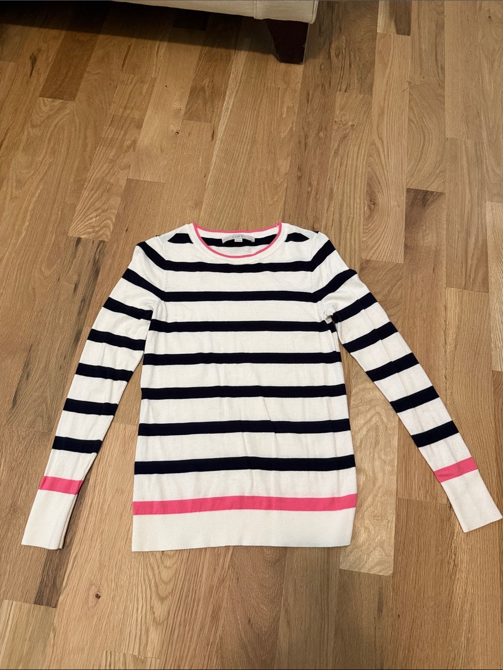 Ann Taylor Striped Crewneck Sweater in White, Navy & Pink xxsp